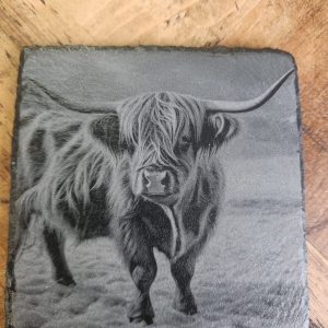 Laser Engraved Highland Cow Slate Coaster
