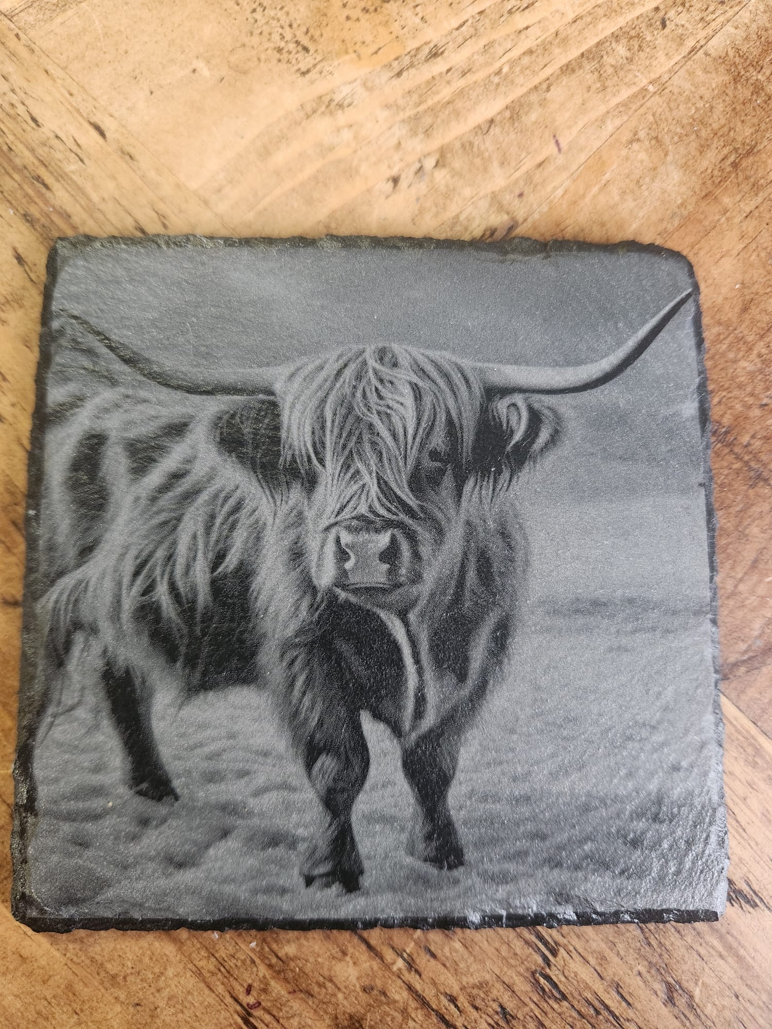 Laser Engraved Highland Cow Slate Coaster