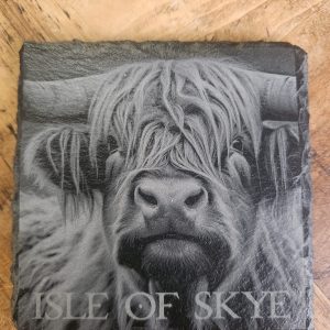 Laser Engraved Highland Cow Slate Coaster with Isle of Skye Text