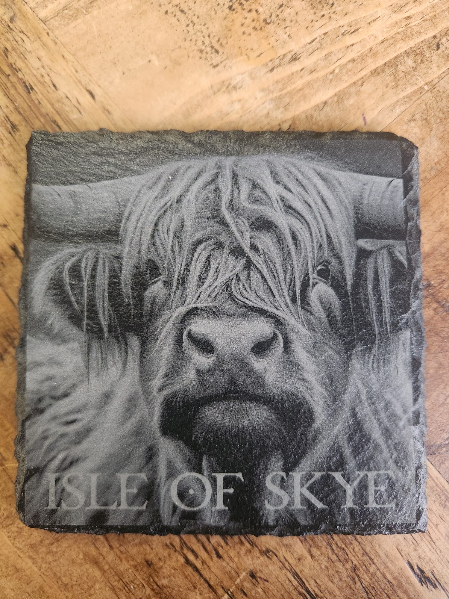Laser Engraved Highland Cow Slate Coaster with Isle of Skye Text