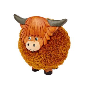 Miniature Wooden Woolly Pom Pom Highland Cow Ornament